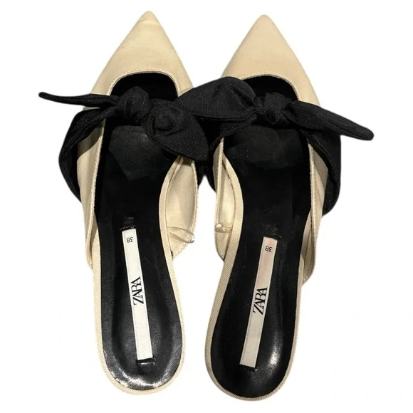 Zara Black and Cream Mules with Bow Detail - Picture 3 of 7